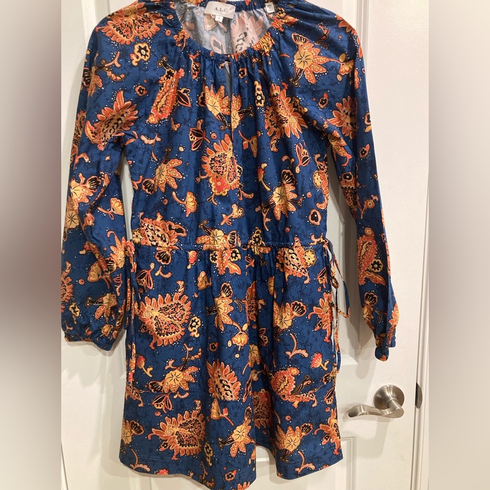 ALC 100%cotton floral dress.Gorgeous teal,peach, orange,deep navy print.